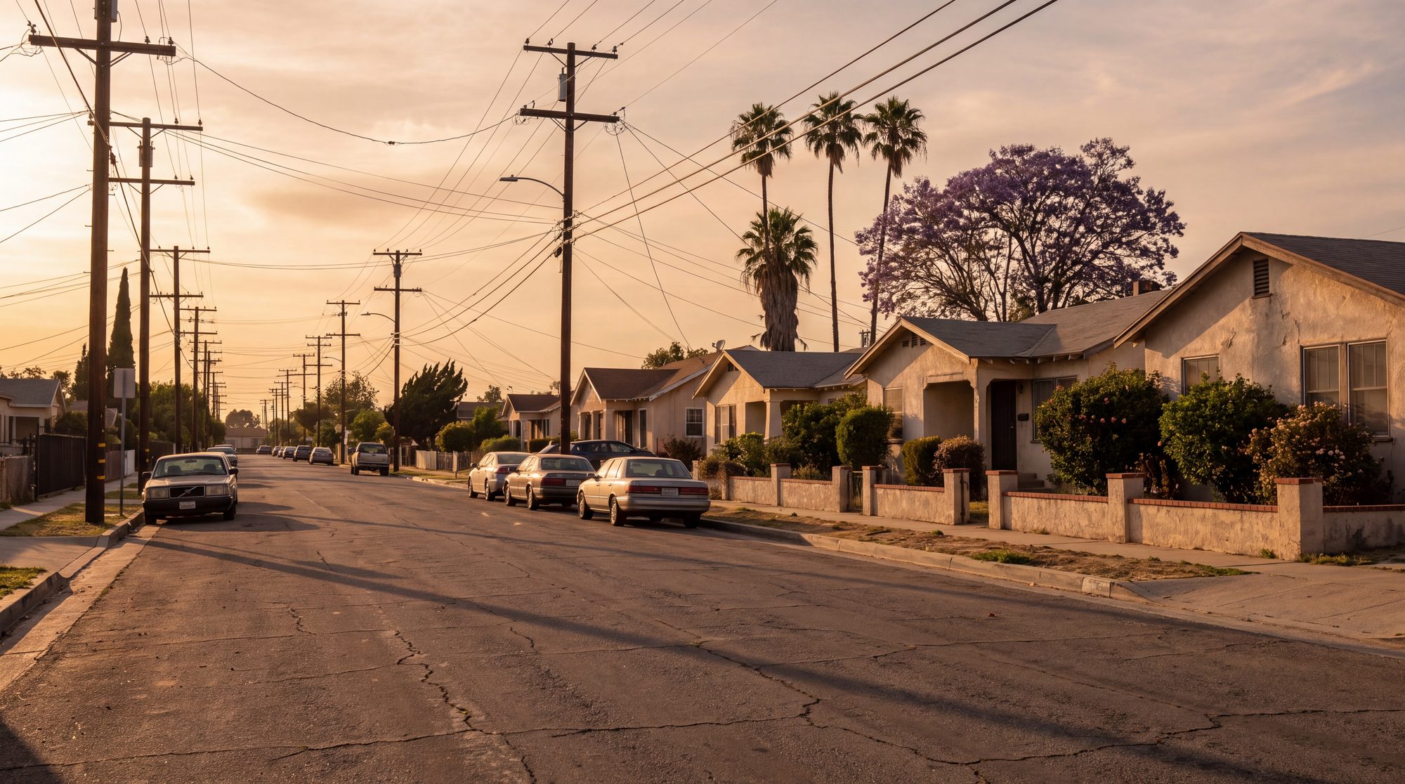 A residential Los Angeles street in late afternoon with overhead service drops running from the poles to the houses.