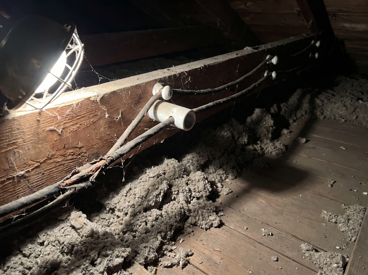 Knob-and-tube wiring on ceramic knobs along an attic joist, with the cloth insulation fraying in one place.