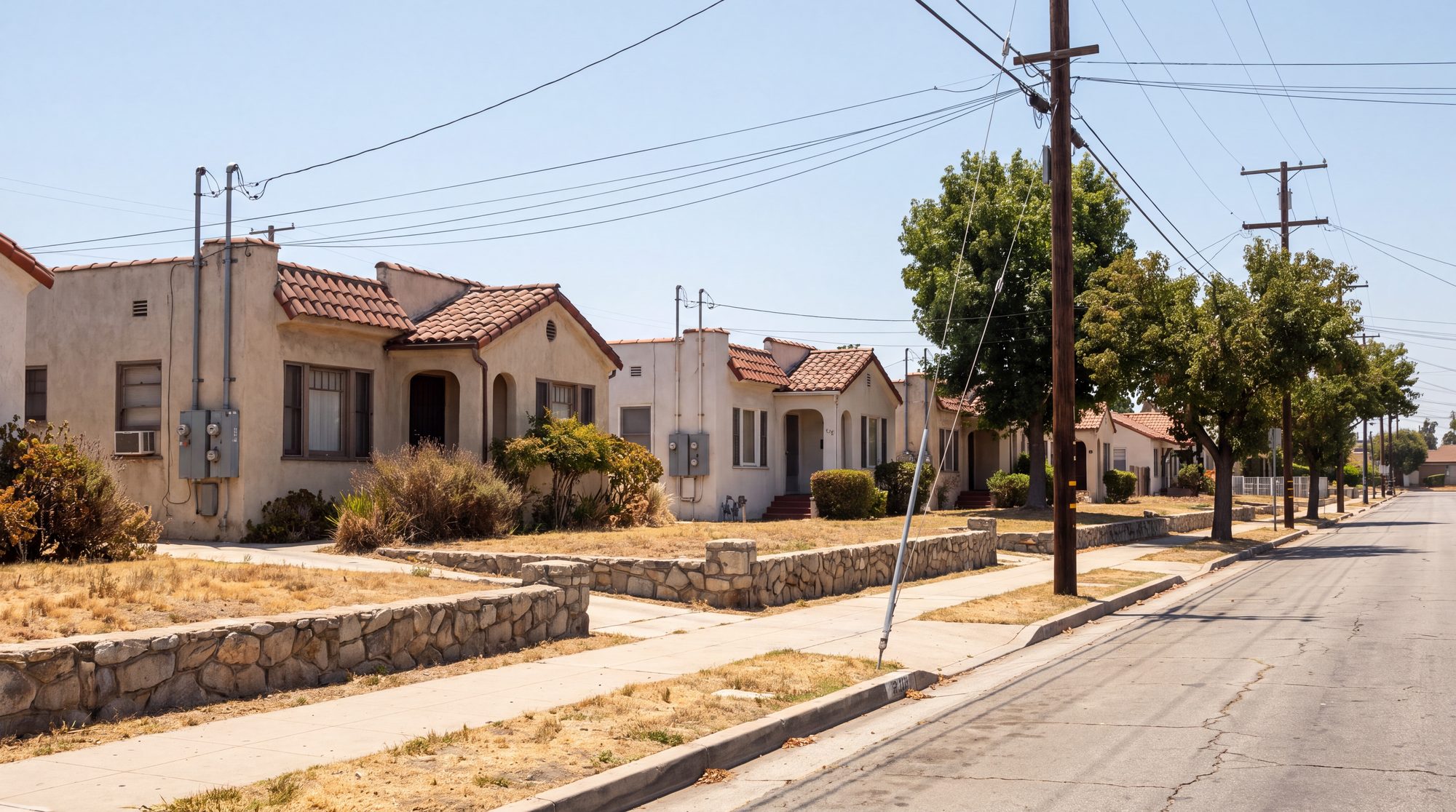 A street of nineteen twenties stucco bungalows in Los Angeles with wooden poles at the curb and overhead service drops running down to conduit masts and meter boxes on the house walls.