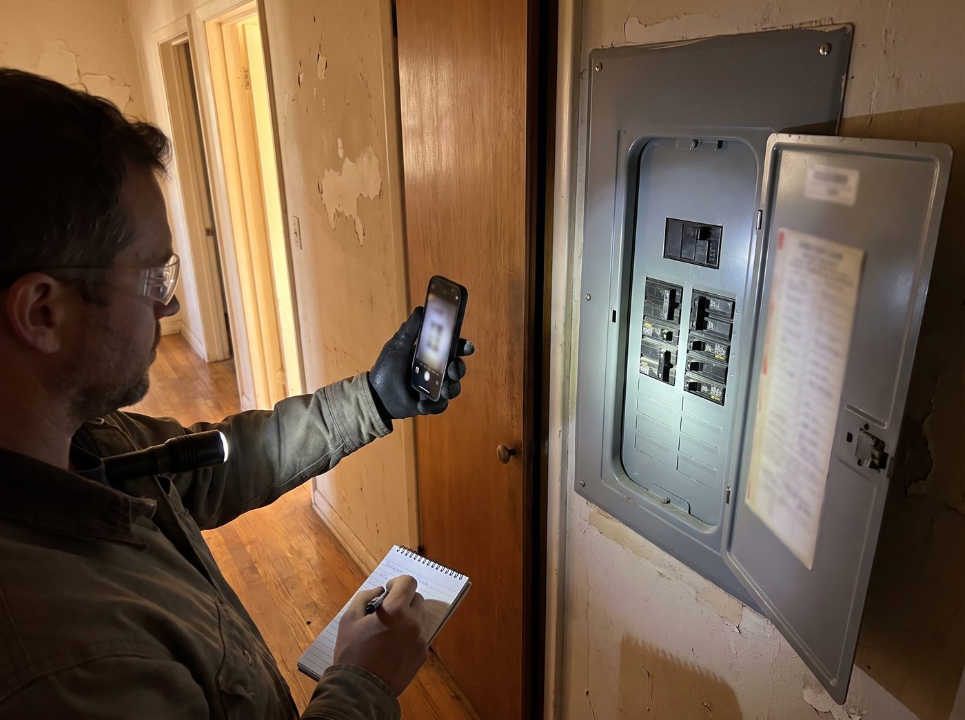 An electrician photographing the open door of a residential panel during a survey.