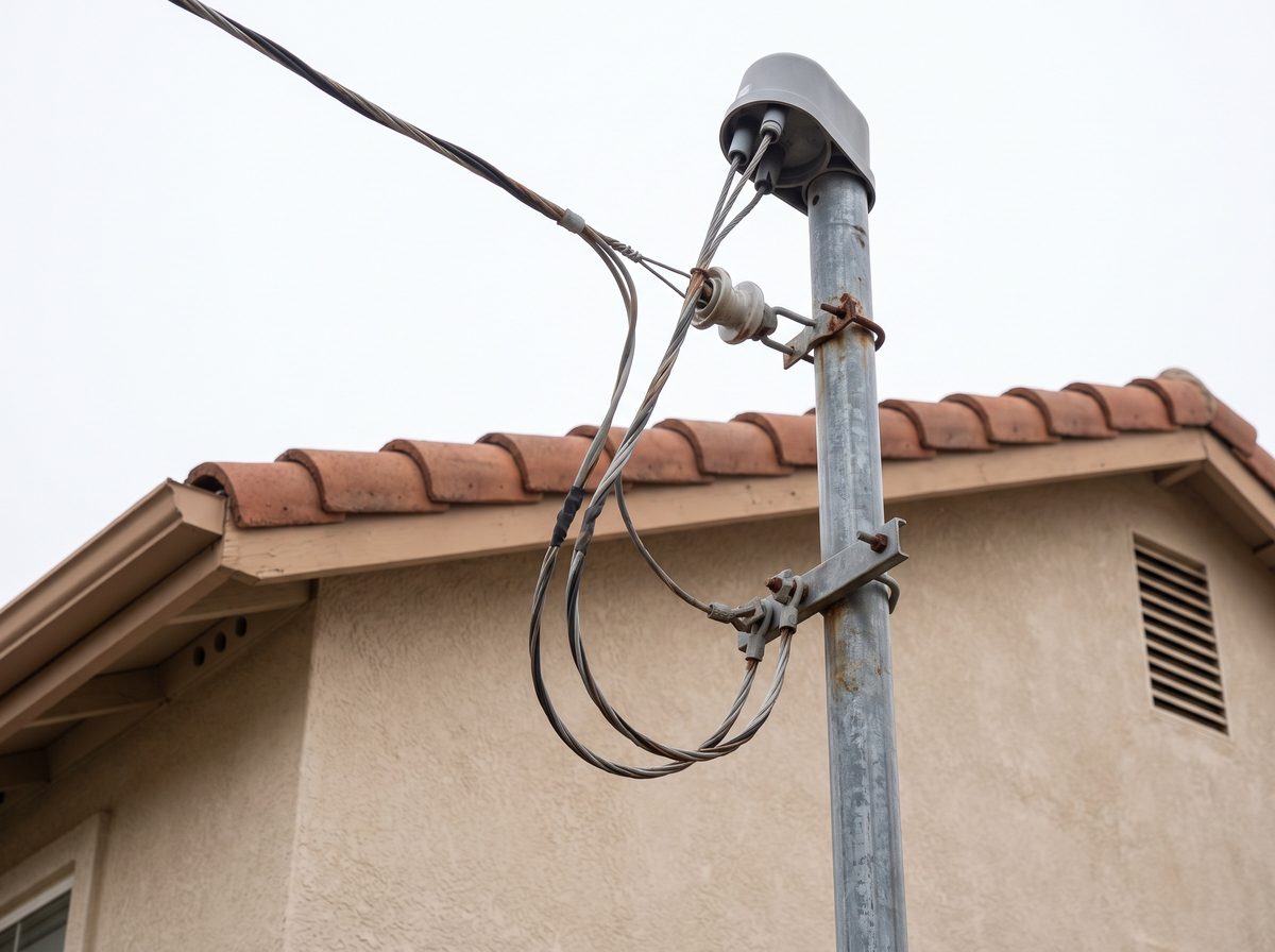 The weatherhead and drip loops where a utility service drop lands on a residential mast.